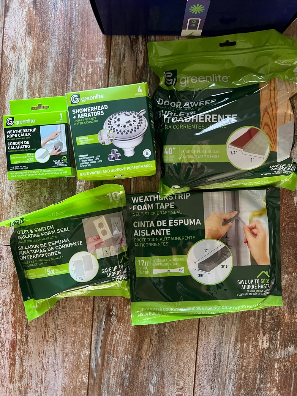 Greenlite weatherstrip rope caulk,shower head,door sweep,outlet/switch foam seal